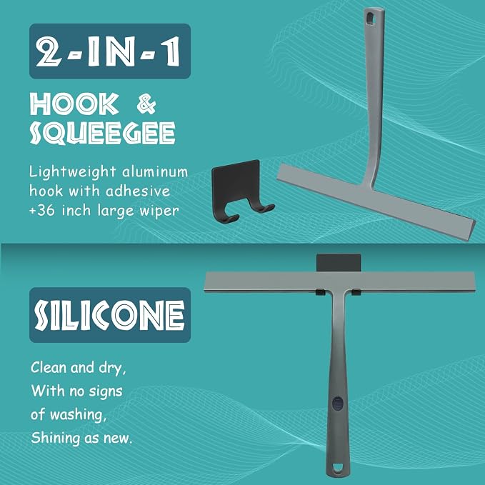 14 Inch Silicone Shower Squeegee for Glass Doors with Hook - Streak-Free Window Cleaner for Bathroom, Mirror, Tile & Car, No Scratch Squeegee with Metal Core (Gray