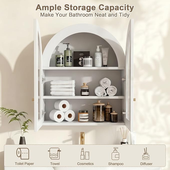 Arched Wall Cabinet, Bathroom Cabinet Wall Mount with Glass Doors & Adjustable Shelf, Floating Medicine Cabinet for Bathroom, Kitchen, Living Room Storage, White