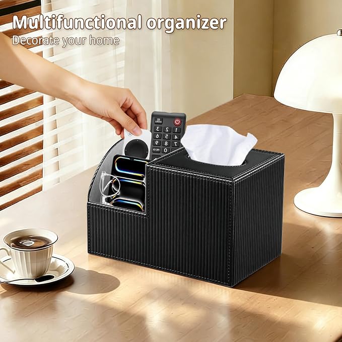 PU Leather Square Tissue Box Cover - Multi-Functional Tissue Box Holder, Tissue Box Cover with Storage,Tissue and Remote Control Holder, Cube Tissue Box Organizer Bedroom Nightstand End Table
