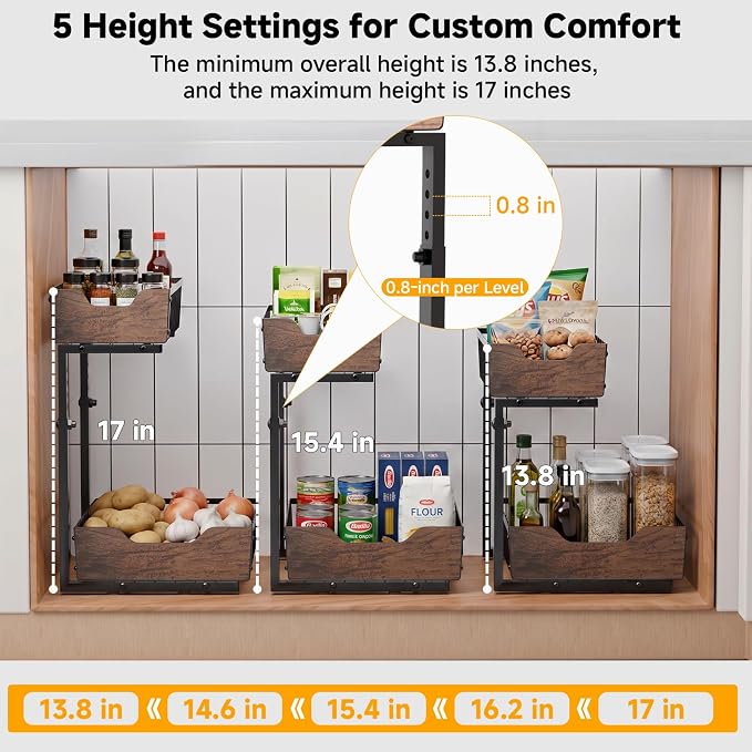 Pull Out Cabinet Organizer 2 Tier Metal Under Sink Organier | Shelf 5 Adjustable Height, Wood Handle, Anti Topple Over, Sturdy Slide out Storage Rack for Bathroom Kitchen Home Pantry