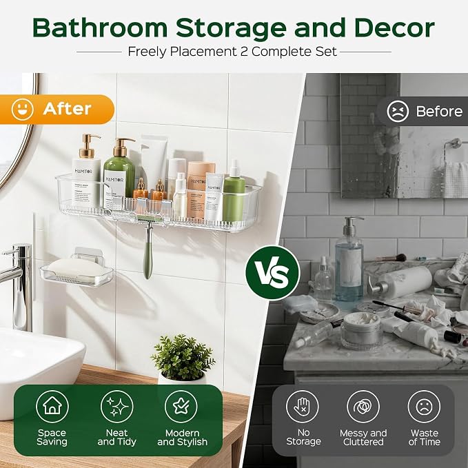 HAMITOR 2 Pack Adhesive Shower Caddy, Clear Transparent Shower Organizer | Modern Clear Design, Waterproof Adhesive Setup, Quick Drainage Shelves, Perfect for Homeowner, Apartments & Stylish Bathrooms