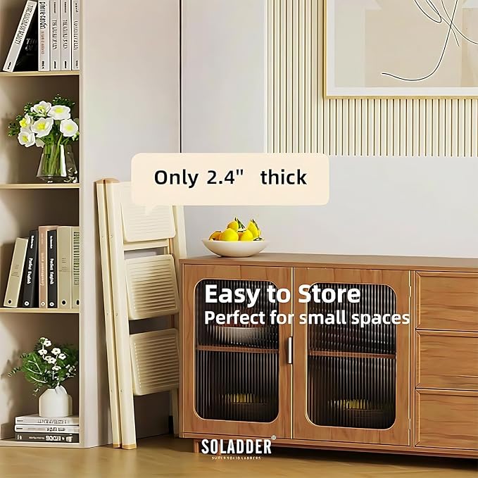 3 Step Ladder, Folding Step Stool, Cream Chocolate | Wide Anti-Slip Steps and a Foldable, Space-Saving Design for Adults to Use in Kitchens, Closets, Library,300 lbs