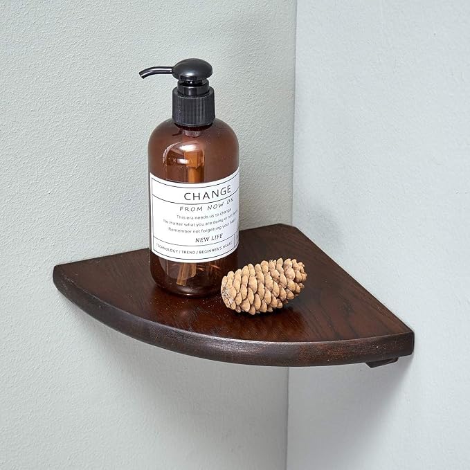 Corner Shelf, Solid Oak Wood Floating Corner Shelf Wall Mount Round End Floating Speaker Shelves with Wire Hole for Small Plant Photo Frame for Bedroom Kitchen, Living Room (Walnut, 7in)