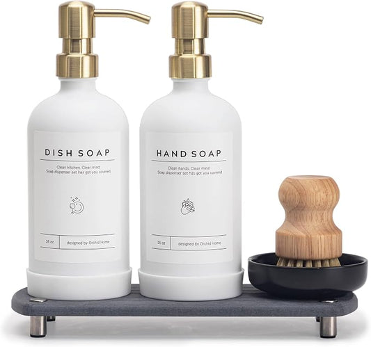 [Luxury] Kitchen Soap Dispenser Set - 16OZ White Glass Bottle, Stainless Steel Pump, Instant Dry Tray, Waterproof Labels, Non-Slip Silicone Pad, and Dish Brush | Upgrade for Your Kitchen and Bathroom