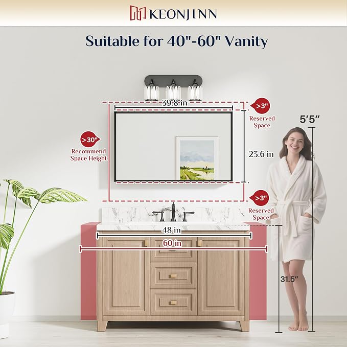 Keonjinn 40 x 24 Inch Brushed Nickel Bathroom Mirrors for Over Sink | Aluminum Metal Frame, Beveled Rectangle Mirrors for Wall, Farmhouse Bathroom Vanity Mirror, Tempered Glass, Square Corner