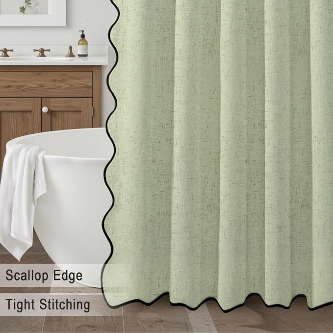 Scalloped Shower Curtain Linen Boho Flax Green 72" W x 72" L | Linen Fabric, Black Border, Washable, Heavy Duty Cloth, Shower Curtain for Boho Farmhouse Bathroom Bathtub