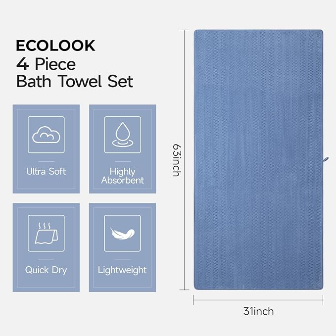 ecolook Microfiber Bath Towels Set of 4, 31 x 63 Inch Extra Large Bath Towel Set, Super Soft & Highly Absorbent, Quick Dry Lightweight Towels for Bathroom, Gym, Spa, Pool & Travel, Blue & Gray