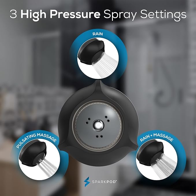 SparkPod High Pressure Shower Head, 3 Inch Fixed Showerhead, Black Matte | Rain, Pulsating & Combo Modes, Helps Boosts Low Water Pressure, Anti-Clog Nozzles, Easy Install