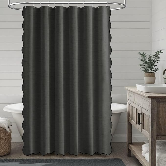 Charcoal Grey Boho Scalloped Linen Textured Shower Curtain Set, 72x72 | 230GSM Waterproof Polyester, Heavy Duty Fabric, 12 Plastic Hooks, Modern Farmhouse Style, Machine Washable, Bathroom Decor