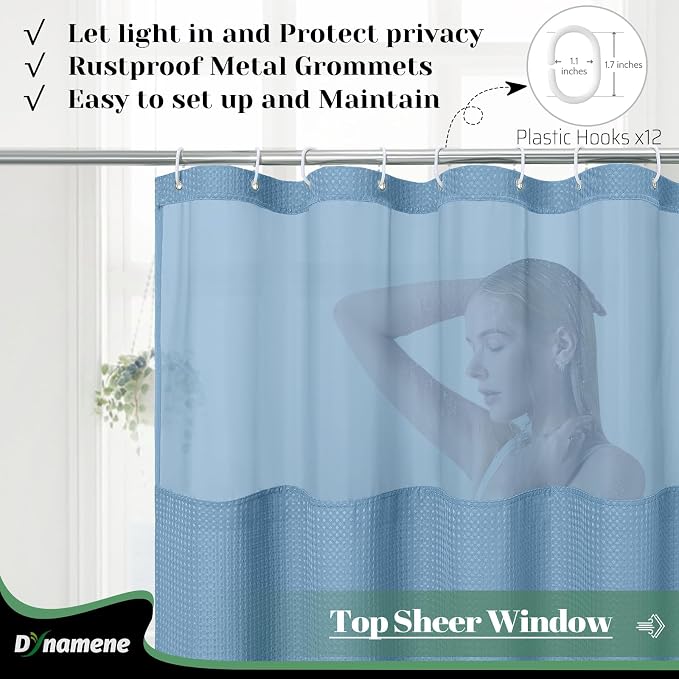 Extra Long Shower Curtain, 84 Inch Long Waffle Fabric Shower Curtain for Bathroom, Tall Waterproof Cloth Shower Curtain Set with Hook, Snap in Liner, Mesh Top Window, Moonlight Blue, 72x84