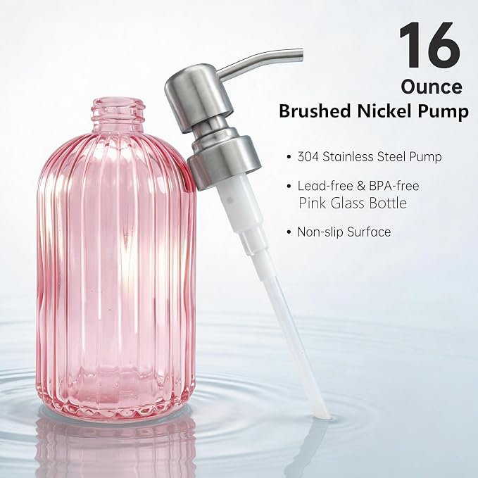 16 OZ Pink Glass Soap Dispenser Glass Soap Dispenser,Clear Pink Stripe Bathroom Hand Soap Dispensers with Stainless Steel Pump, Pink Kitchen Hand Soap Dispenser with Brushed Nickel Pump