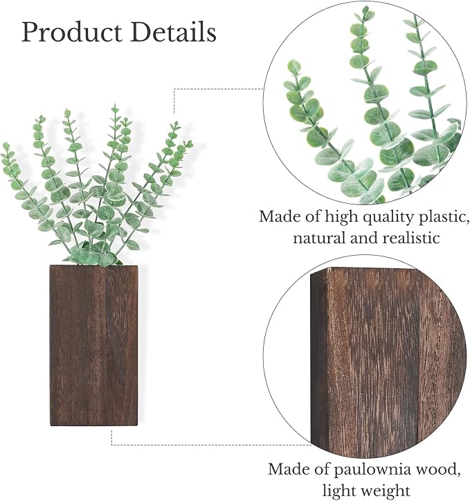 Dahey 2 PCS Wall Planter Vase with Fake Plants for Farmhouse Wall Art Decor | Lightweight Wood, Realistic Artificial Eucalyptus, Cute Hanging Decor for Bathroom Living Room Bedroom Entryway Office, Brown