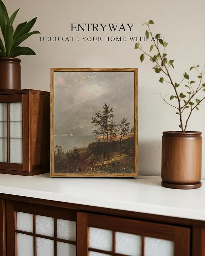 InSimSea Framed Canvas Wall Art, Vintage Lakeside Landscape Painting, Rustic Nature Scenery Decor for Living Room Shelf Hallway,10x8in, Neutral Tones