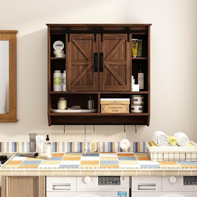 RUSTOWN Farmhouse Bathroom Wall Storage Cabinet with Sliding Barn Doors | 3-Tier, Rustic Wood Wall Mounted Cabinets, Vintage Medicine Cabinet, Adjustable Shelves, Over The Toilet Storage Cabinet