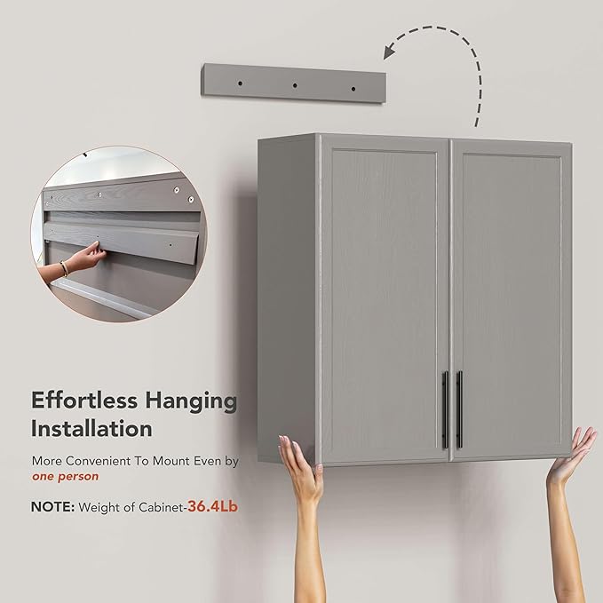 FIMELLO 30" Laundry Room Cabinets Wall Mounted, Wall Cabinets for Laundry Room, Kitchen Wall Cabinet with Adjustable Shelf, Shaker Wall Cabinet for Bathroom, Ashen Gray
