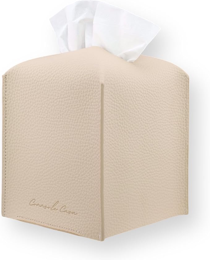 Premium PU Leather Square Tissue Box Holder - Hotel-Style Facial Tissue Box Cover for Bathroom, Bedroom, Office & Home Decor, Cube Tissues Organizer, Classic Look (Beige)