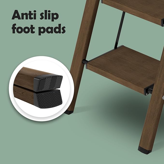 Taranta 4 Step Stool Foldable,Aluminum Step Ladder-Walnut | Lightweight,Wide Anti-Slip Pedals,Folding Step Stool,330lbs Capacity Stepladder for Household,Kitchen,Office