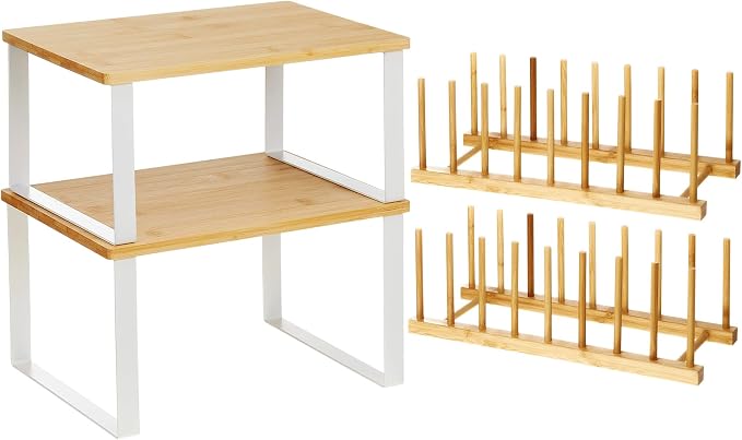 Marsui 4 Pcs Kitchen Organizer Accessories Set for Cabinet,Wooden Color | Cabinet Organizer Shelves, Bamboo Dish Drying Plate Rack, Wooden Counter Storage Holder, for Spice Dish Pot Lid Bowl Cup