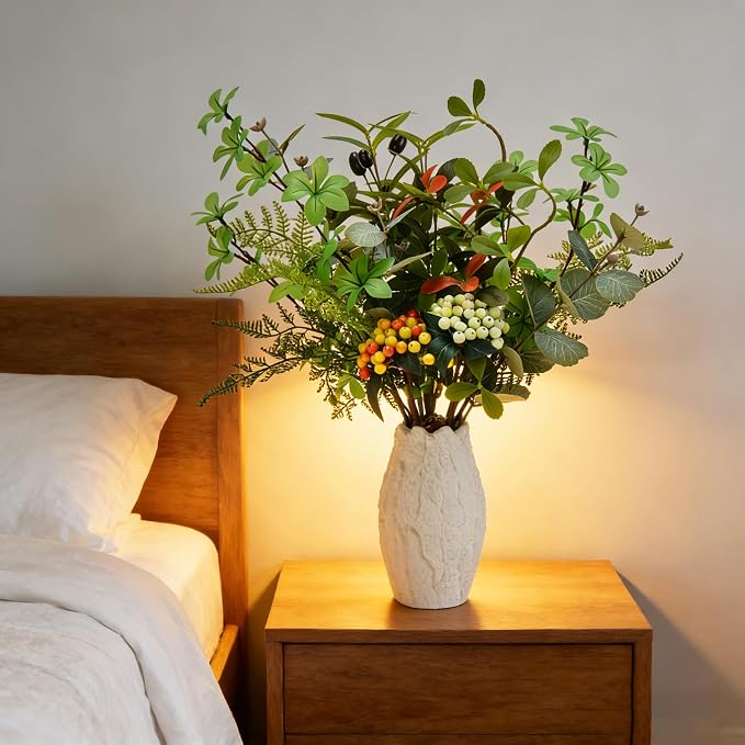 K&Y Realistic Artificial Potted Plants Olive Wild Fern Berry Decor Low Maintenance Faux Greenery Indoor Fake Plants for Home Office Bathroom Kitchen Desk Shelf No Watering Needed (White Vase)