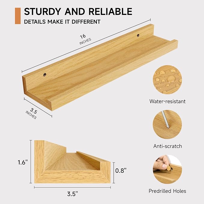 Floating Picture Ledge Shelves Set of 2, 16 Inch Solid Wood Wall Shelves with Lip, Large Nursery Book Shelf for Toys Storage, Kids Bookshelf, Living Room, Bedroom Decor Frames, Natural Oak
