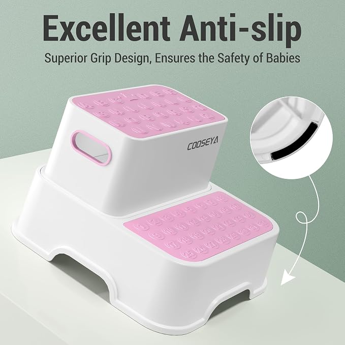 2 Step Stools for Kids,Toddler Step Stool for Bathroom Sink,No-Slip Double up Stepping for Toddlers, Multifunctional Toilet Potty Stool for Kids,Toilet Potty Training(2 Packs)（Pink）