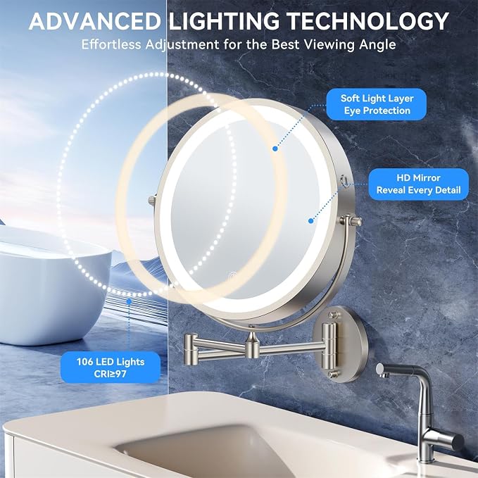 Auxmir 9″ 5000mAh 1X/30X Wall Mounted Lighted Magnifying Makeup Mirror | Power Adapter&2 Tweezers Included/ 3 Dimmable Colors/ Dual Sided Button Control/ Rechargeable/ 360° Rotation Extended Arm