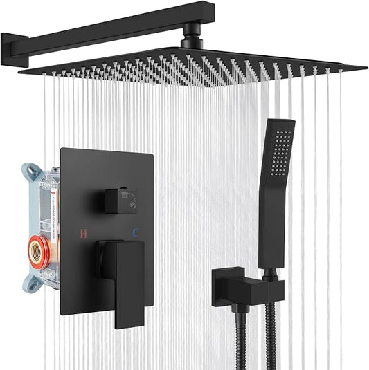 gotonovo Shower Faucet Set with Handheld Spray Matte Black,16'' Head | SUS304 Rainfall Shower Head and Handle Set System Fixture,Pressure Balance Valve Trim Kit,Single Handle,Wall Mount,All Metal