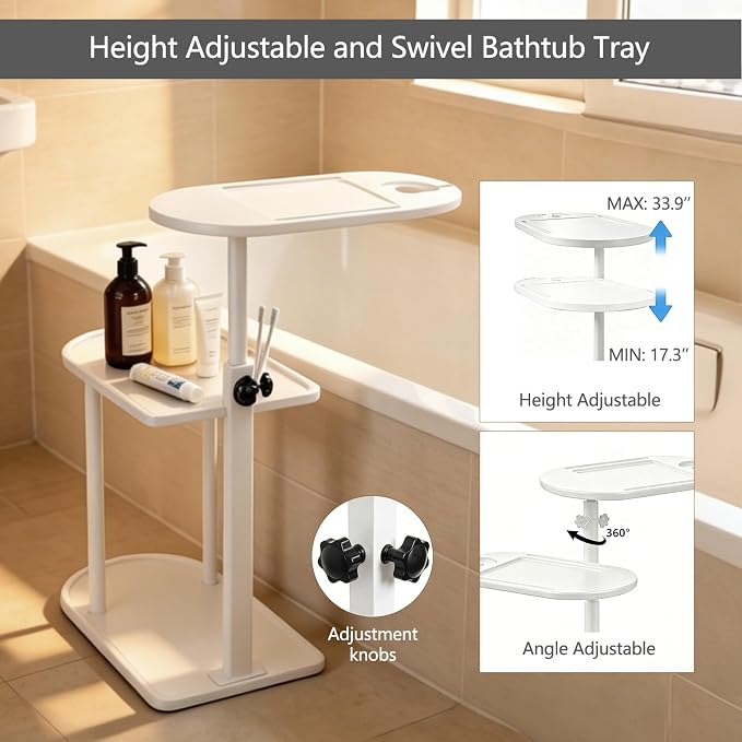 3 Layer Bathtub Tray Table,Bamboo Swivel Bathtub Side Table Height Adjustable,Freestanding Bathtub Tray for Tub Against Wall,Bathtub Accessories&Bathroom Organizer for Luxury Home Spa (White)
