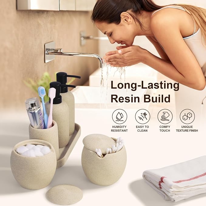 6-Piece Bathroom Accessories Set - Resin Bathroom Set, Lotion Dispenser, Tumbler, Vanity Tray, Cotton Swab Jars with Lids, Bathroom Organizer, Elegant Bath Decor for Home Dorm Hotel Countertop (Beige)