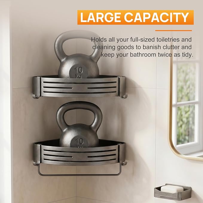 Gun Grey Adhesive Triangle Shower Caddy with Hooks, Towel Bar, Soap Dish | No-drill triangle shower basket with towel bar, soap dish and hooks for smooth tile, glass and stainless steel walls