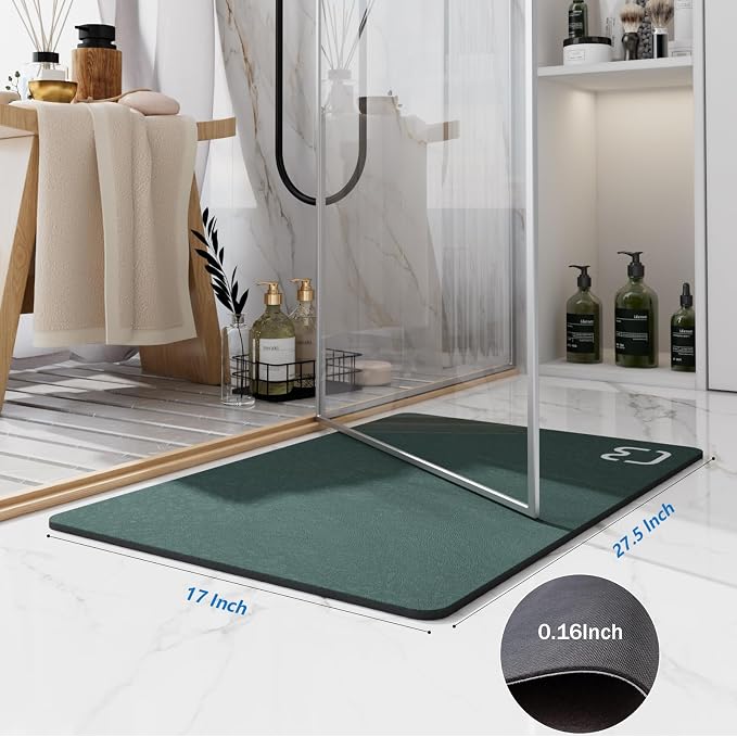 Diatomaceous Earth Bath Mat Stone Bath Mats for Bathroom,17"x27",Dark Green | Non Slip Rubber Backed Quick Dry Super Absorbent Diatomaceous Earth Bath Mat Low Pile Thin Diatomite Bathroom Mat for Floors