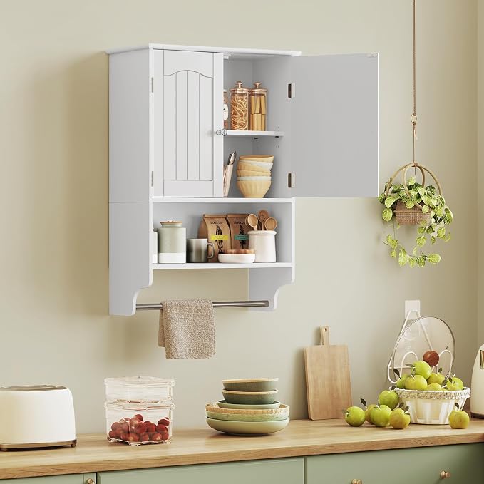 Medicine Cabinet with Adjustable Shelves and Towel Rack, Wall Mounted Bathroom Cabinet Over the Toilet Storage for Bathroom, Living Room, White