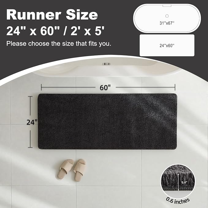 TYUU Bathroom Runner Rug, Ultra Soft Long Bath Mat Machine Washable Super Absorbent Quick Dry Bathroom Runner Rugs 24 x 60 Non Slip, Dark Grey 24" x 60"