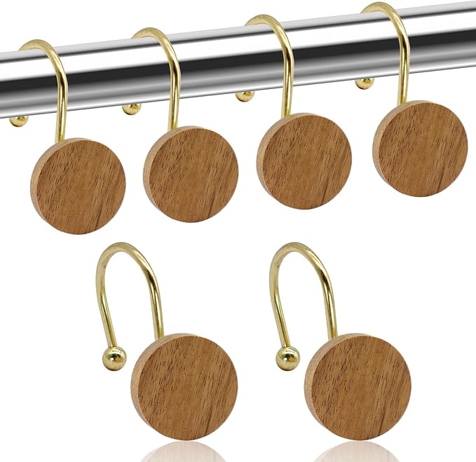 Shower Curtain Hooks, Wood Decorative Shower Curtain Rings, Modern Round Log Shower Curtain Hangers, 12PCS Metal Shower Hooks for Shower Curtain Rod, Bathroom, Bedroom, Living Room (Gold)