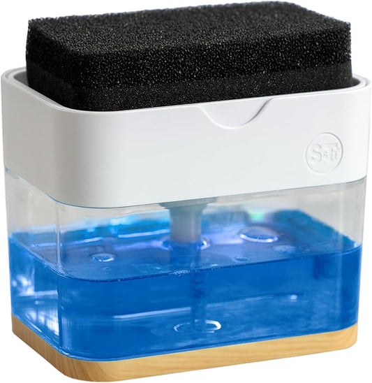 S&T INC. Dish Soap Dispenser and Sponge Holder, Plastic Bamboo and White | Patented Design, Holds 13 Fluid Ounces, Sponge and Waterproof Labels Included, Non-Slip Feet