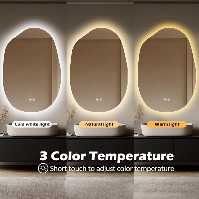 LED Mirror for Bathroom, 26x38 Inch Irregular Backlit Mirror | 3 Colors, Dimmable, Anti-Fog, Memory Function, Horizontal/Vertical, Al Alloy Lampshade, HD Glass, Rust-proof Treatment, UL