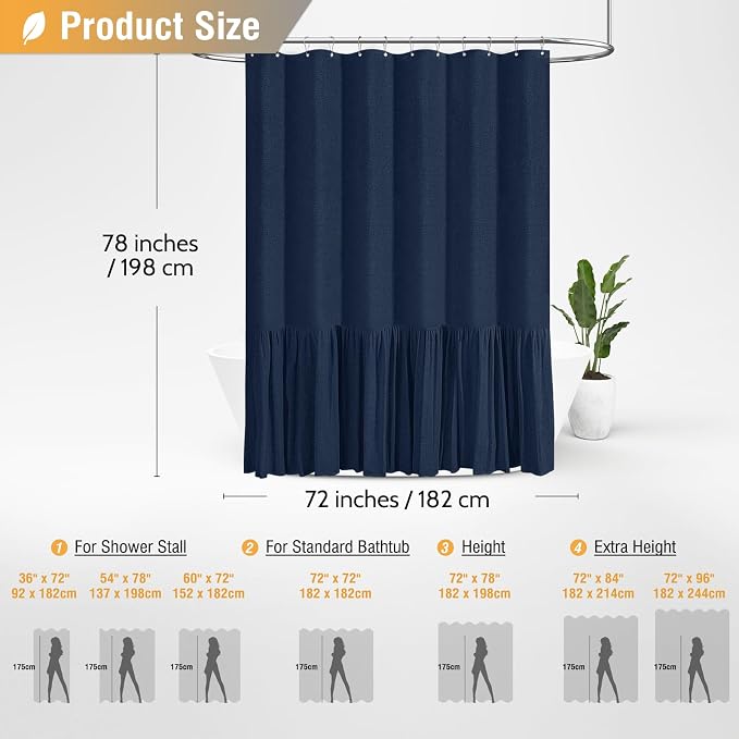 Long Linen Ruffle Farmhouse Cloth Shower Curtain, 72x78, Navy Blue | Ruffle Hem, Heavy Duty Fabric, 12 Hooks, Elegant Drape, Shabby Chic Style, Bathroom Decor, Machine Washable, Easy To Install