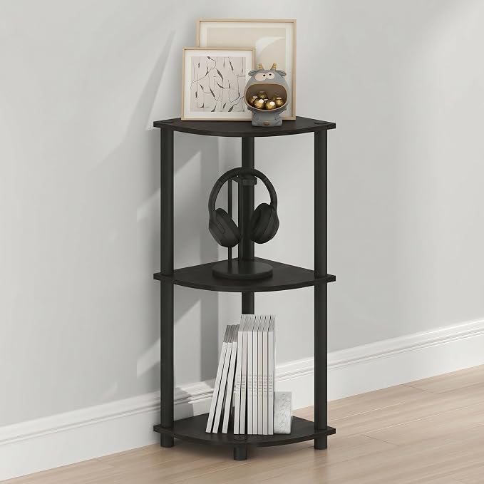 Furinno Turn-N-Tube Toolless Assembly 3-Tier Storage Shelves, Espresso | Black Corner Shelf, Open Storage Book Shelf, for Organization and Storage, Living Room, Home Office, Bedroom