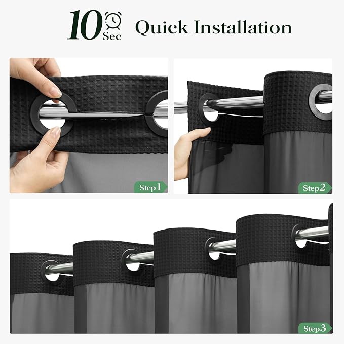 Black Hook Free Waffle Shower Curtain & Snap-in Fabric Liner,72x75 | Less Time to install, 3 in 1 Fabric Shower Curtain and Liner Set with Magnets, Mesh Top Window, Shower Curtains for Bathroom