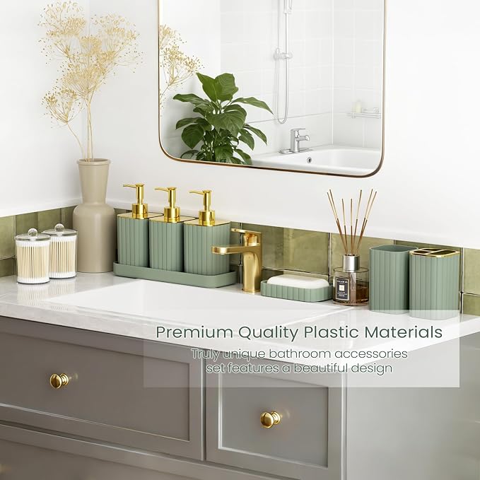 Bathroom Set - Bathroom Accessory Set, Sage Green Bathroom Set, 26PC Bathroom Sets with Shower Curtain and Rugs, Toilet Brush, Trash Can, Qtip Holder & Bathroom Soap Dispenser Set
