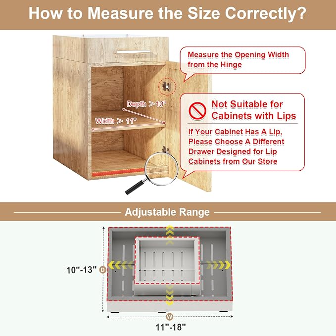 Fokyfok Pull out Cabinet Organizer,11"-18"W，10"-13"D,Expandable,Adhesive | No Drill,Upper Cabinet,Adjustable Slide out Drawers for Pantry,Roll out Shelves Short,Framless Cabinets,Kitchen,White,1PC