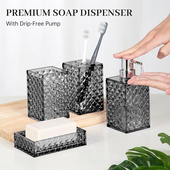 Bathroom Accessory Set, Grid Pattern 4 Pcs Plastic Bathroom Set, Grey | Include Soap Dispenser, Soap Dish, Toothbrush Holder, Mouthwash Cup, Modern Bathroom Decor Set