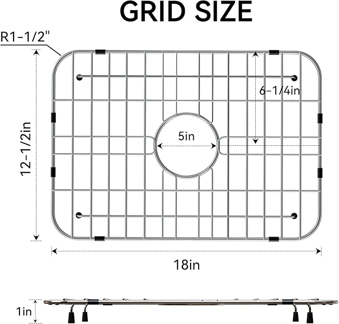 Sink Grid 18" X 12-1/2", Sink Protectors for Kitchen Sink Stainless Steel | Sink Rack for Bottom Centered Drain for Single Bowl Sinks Accessories, Includes 16 Rubber Pads and 20 Rdge Protectors