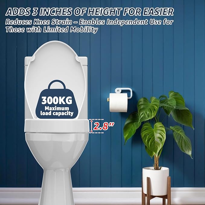 Huttdmel Raised Elongated Toilet Seat 18.5'' for Seniors – Soft Close, Quick Release & Connect, Sturdy PP Material, Won’t Loosen, Ideal for Elderly & Limited Mobility, White