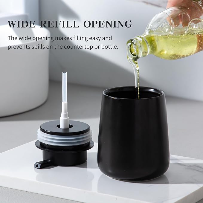 Enra Black Soap Dispenser, Modern Ceramic Hand Soap Dispenser for Bathroom | 12oz Ceramic Body with Easy-Press Pump and Refillable Design. Stylish for Countertops, Sinks, Kitchens and Home Decor.