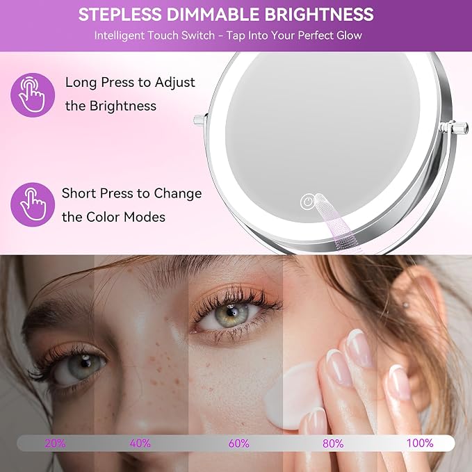 Auxmir 9" 5000mAh Magnifying Mirror, 1X/30X Lighted Makeup Mirror | rechargeable battery, 3 dimmable colors, 14.9-18.5" adjustable height, 360° rotation, stable base, 30X magnification