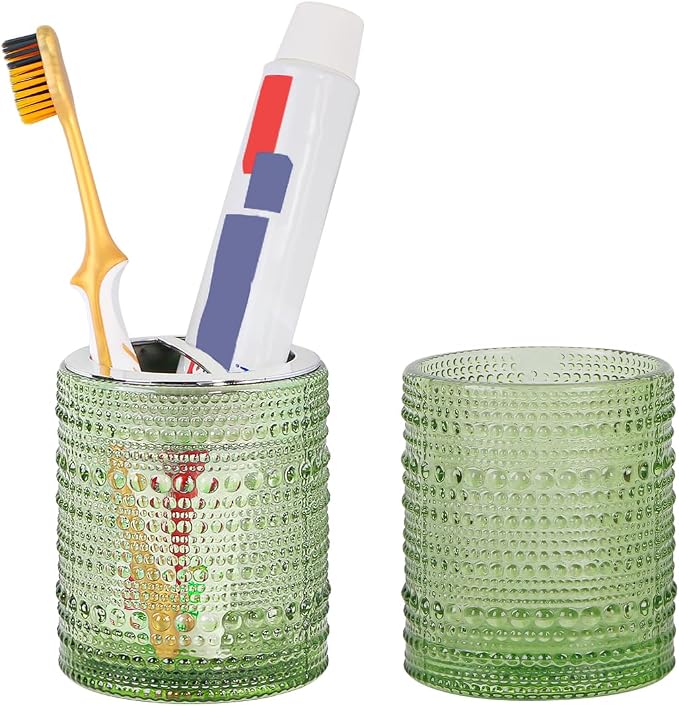 Toothbrush Holders for Bathrooms,Glass Toothbrush Holder,10oz Bathroom Tumbler and Mouthwash Cup,Bathroom Storage Cup for Tooth Brush,Toothpaste and Makeup Brush (Green)