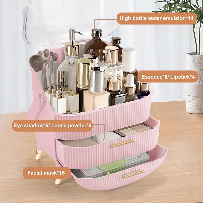 Makeup Organizer for Vanity, Large Capacity Skincare Organizer Countertop | Cosmetics Organizer with 2 Drawes, Cosmetic Display Cases Makeup Storage Box for Bedroom, Bathroom, Gifts for Women(Pink)