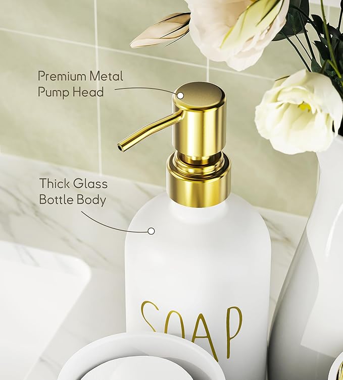 6Pcs White&Gold Bathroom Accessories Set with Tray, Bathroom Counter Sets | Perfect For Creating A Clean, Modern Bathroom Countertop In Apartments, Master Bathrooms, Guest Bathrooms And Airbnb Spaces.