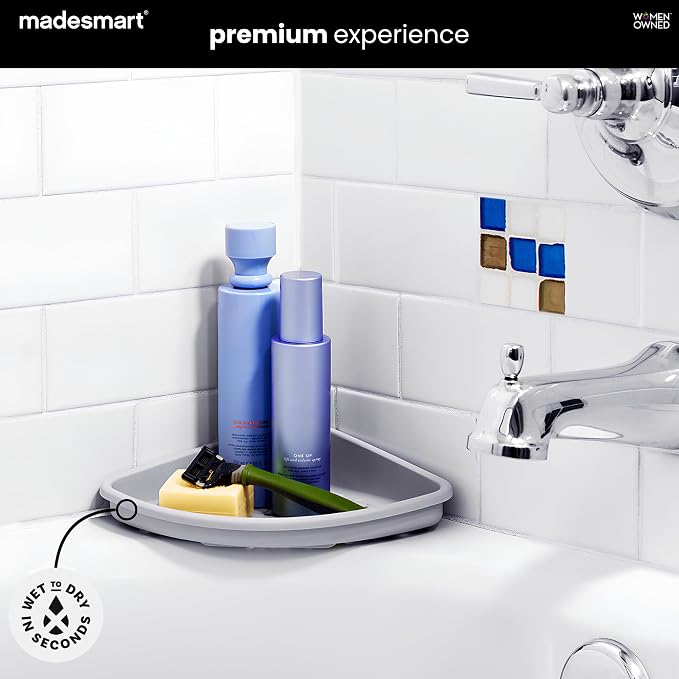 madesmart Bathtub Corner Shelf, Grey | suction cup base, drainage holes, raised edges, shampoo soap razors, bath accessories, woman owned